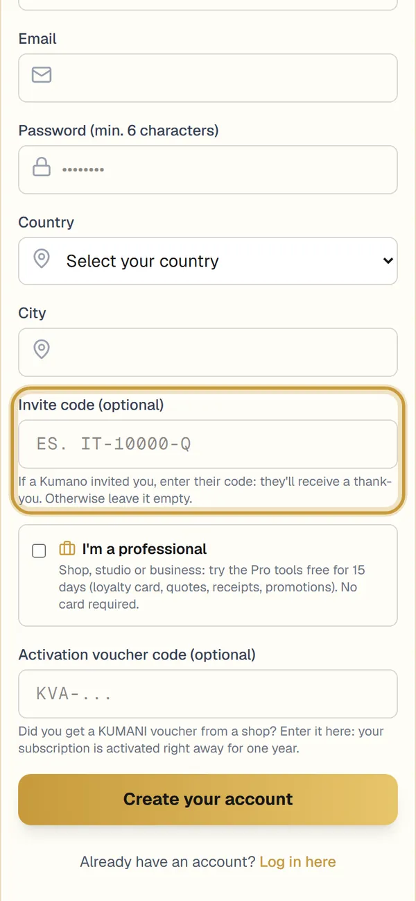 Screenshot: Invite code and voucher (optional)
