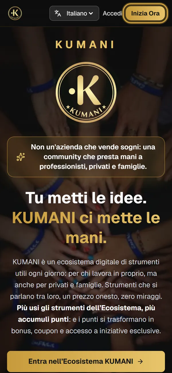 Schermata: Apri KUMANI e tocca «Inizia Ora»