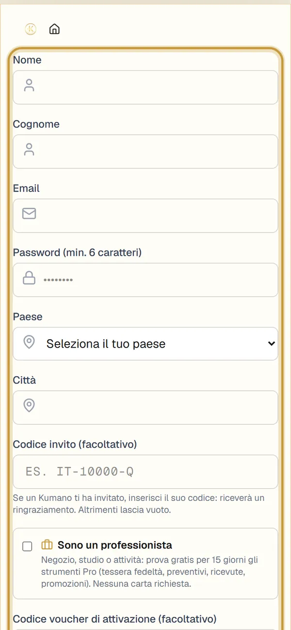 Schermata: Compila i tuoi dati