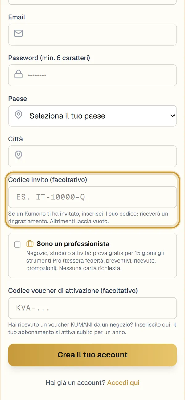 Schermata: Codice invito e voucher (facoltativi)